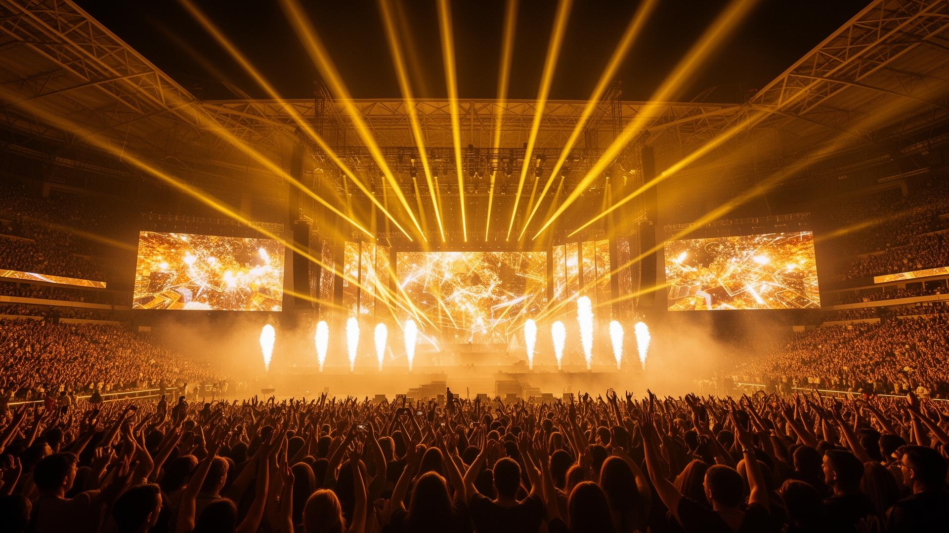 Imposante Live-Showproduktion mit Bühne, Pyrotechnik und tausenden Besuchern